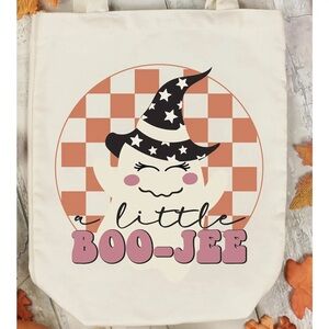 Little Boo-Jee Ghost with Witch Hat in Checkered Circle Tote